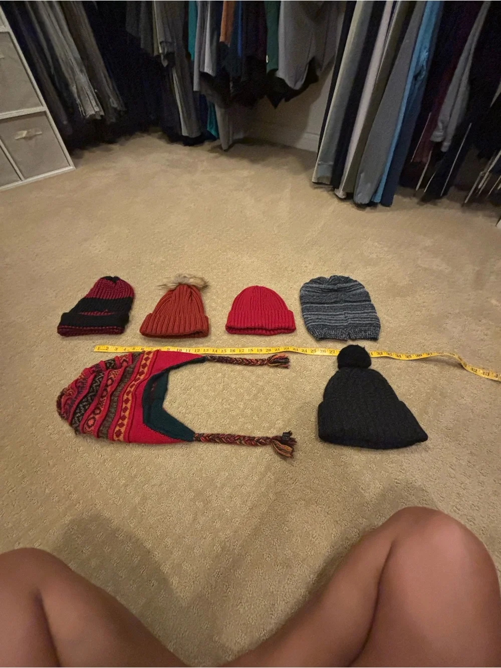 Lot of 7 Knit Beanies and Earflap Hat - Red, Gray, Black, Orange